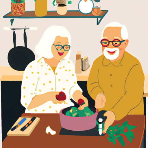זוג מבוגרים מכינים יחד ארוחה בריאה במטבח שלהם