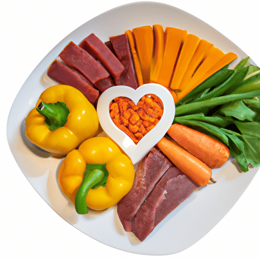 צלחת של ירקות צבעוניים וחלבונים רזים המסמלים תזונה בריאה ללב
